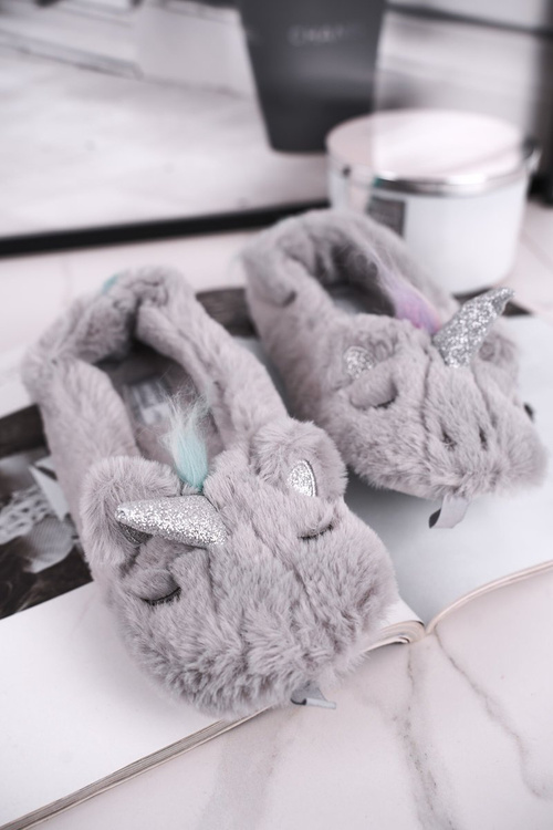 Жіночі тапочки з хутром Єдиноріг Сірі Веселка