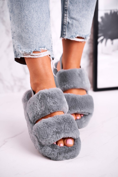 Жіночі пухнасті тапочки на платформі сірі