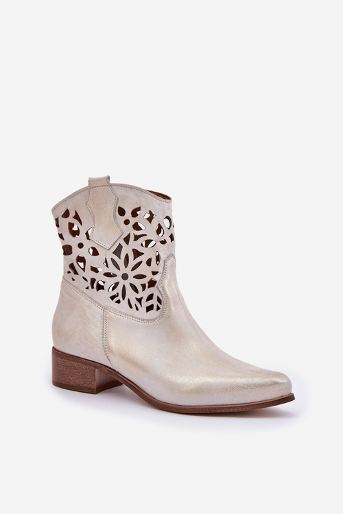 Zazoo 3404 Вирізані Чоботи Ковбоя На Низькому Каблуці Шкіряні Зношені Золоті