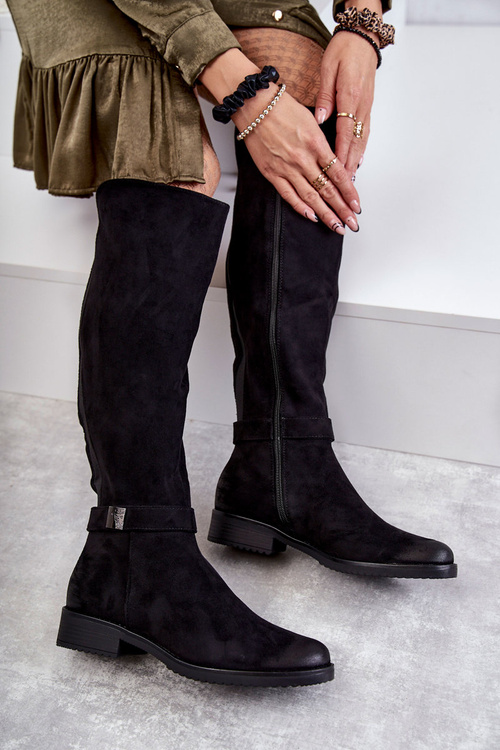 Жіночі замшеві чоботи на плоскій підошві Чорні Henrike