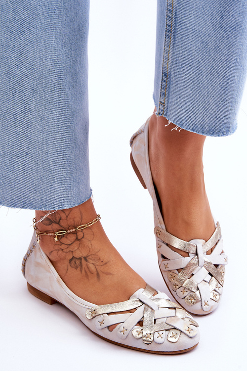 Класичні шкіряні жіночі балетки Maciejka 01358-22 Бежево-золотий