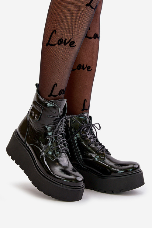 Жіночі лаковані ботильйони Zazoo 60499 на платформі та танкетці утеплені з натуральної шкіри темно-зелені