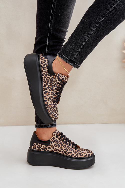 Шкіряні кросівки на платформі з леопардовим принтом Zazoo 3346 коричнево-чорні
