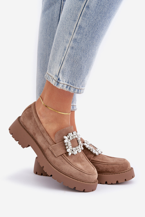 Еко Замшеві Жіночі Мокасини З Декоративною Брошкою Темно Бежеві Valiana