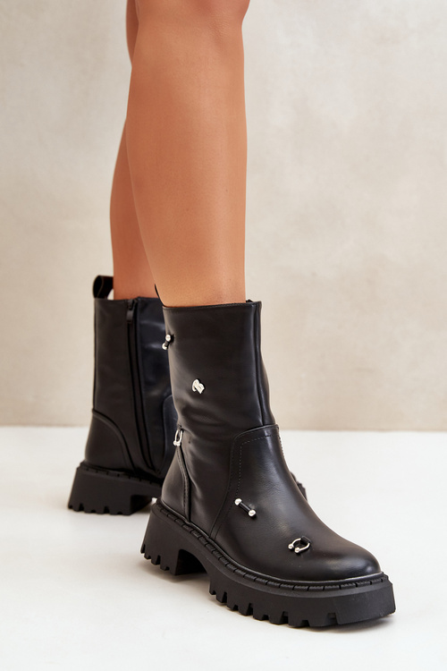 Жіночі ботильйони з екошкіри на блискавці та декоративних деталях Black Reritha