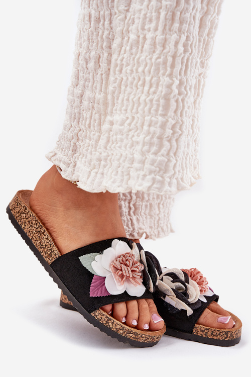 Жіночі Сандалі З Квітами На Пробковій Платформі Чорні Zinrosa