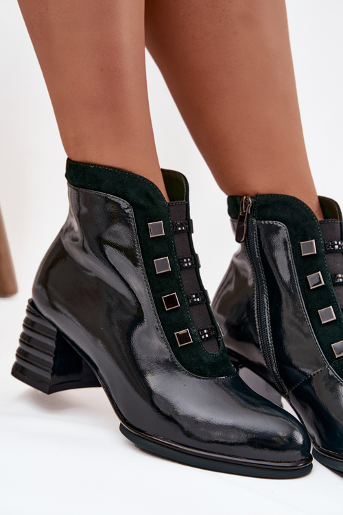 Лаковані жіночі ботильйони з натуральної шкіри на підборах DACR52696 темно-зелені