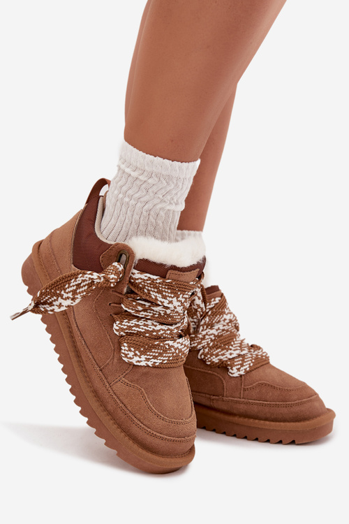 Замшеві жіночі зимові чоботи з хутром і товстими шнурками Vinceza 97963 Camel