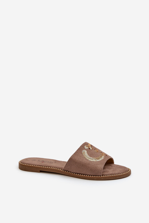 Жіночі тапочки на плоскій підошві з паєтками S.Barski KV27-052 Коричневий