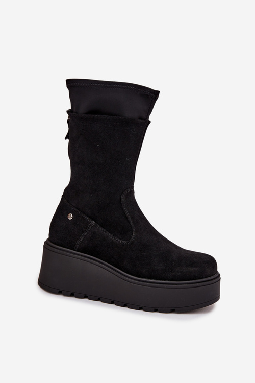 Жіночі шкіряні замшеві чоботи на масивній платформі Maciejka A7161-20 Чорні