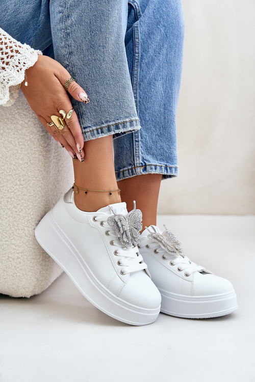 Жіночі кросівки на платформі з метеликом біло-сріблясті наритіві