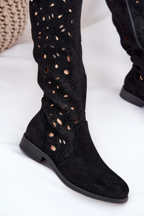 Перфораційні Чоботи На Плоскому Каблуку Чорні HY51-176