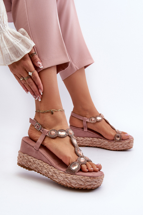 Жіночі босоніжки на танкетці з плетеними деталями S.Barski MY291 Рожеві