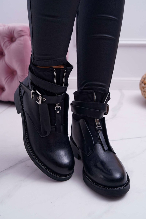 Жіночі черевики на плоскій підошві з пряжкою з кристалами, чорні Denovio