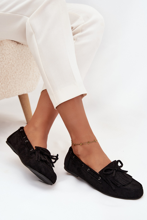 Жіночі мокасини з бахромою та бантом чорні Olivianne