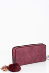 Жіночий великий гаманець, червоний брелок з декоративним замком і помпоном, темно-бордовий