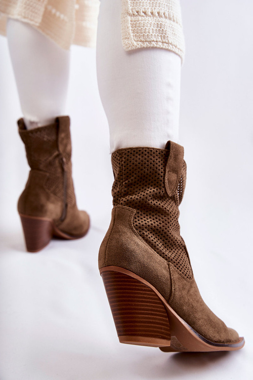 Жіночі замшеві ажурні чоботи ковбойські хакі Елеонора