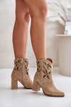 Замшеві ажурні ботильйони на каблуці бежеві Lewski 3629