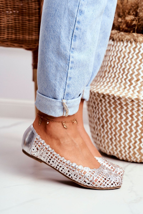 Жіночі балерини Lu Boo. Срібна ажурна плетена сумка