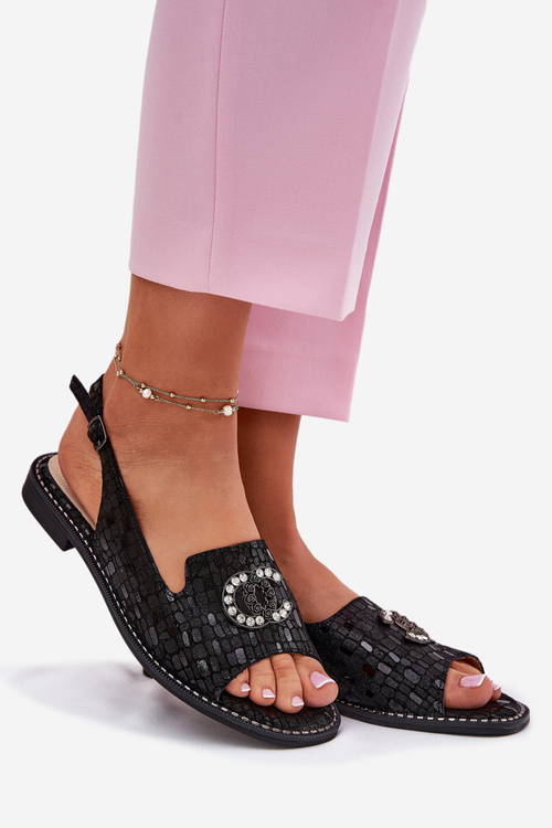 Шкіряні Сандалі З Декорацією На Плоскому Каблуку S.Barski KV51-096 Чорні