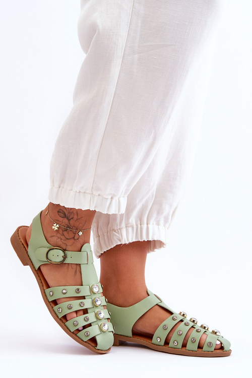 Жіночі босоніжки на плоскій підошві з цирконами Ascot зеленого кольору