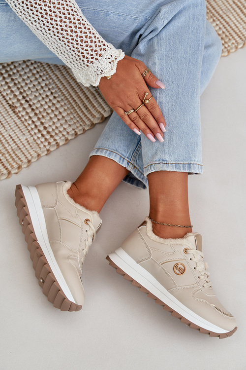 Жіноче спортивне взуття утеплене хутром на платформі світло-бежевий Lerisas