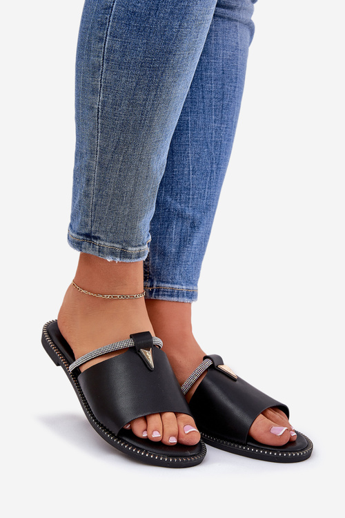 Еко Шкіряні Сандалі На Плоскому Каблуці З Декоративним Ремінцем Чорні Hirtewi