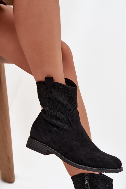 Жіночі чоботи на плоскому каблуці з відкритим узором S.Barski HY52-530 Чорний