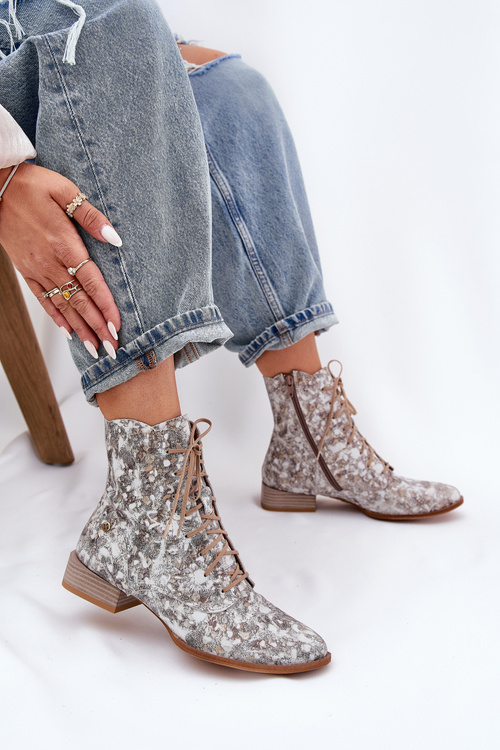 Шкіряні Візерункові Чоботи На Плоскому Каблуці Maciejka 06391-25 Бежеві