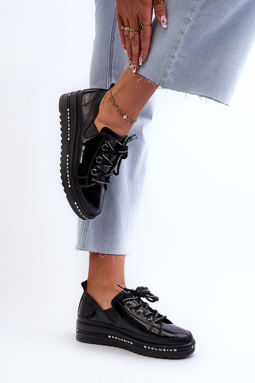 Жіночі черевики на платформі на шнурівці натуральна шкіра S.Barski LR620 чорні