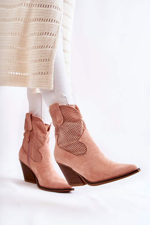 Жіночі замшеві ажурні чоботи ковбойські рожеві Eleonore