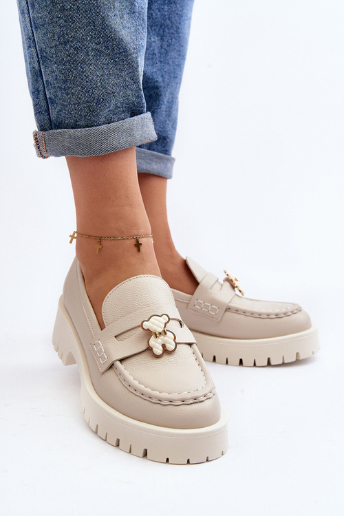 Шкіряні мокасини з ведмедиком CheBello 4291 Світло-бежевий