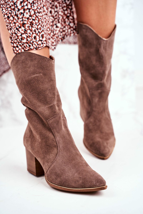 Жіночі чоботи на високому каблуці з нубуку світлі капучіно Nicole 2580