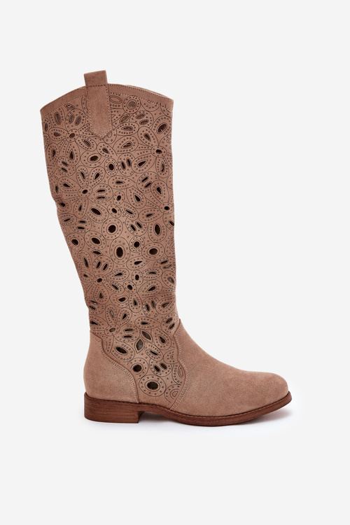 Перфоровані Чоботи На Плоскому Каблуці Бежеві HY51-176