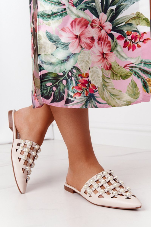 Жіночі тапочки з перлами Бежева брижа