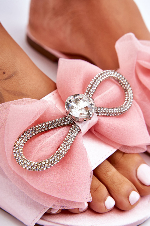 Жіночі тапочки з бантом і стразами Рожеві Jolene