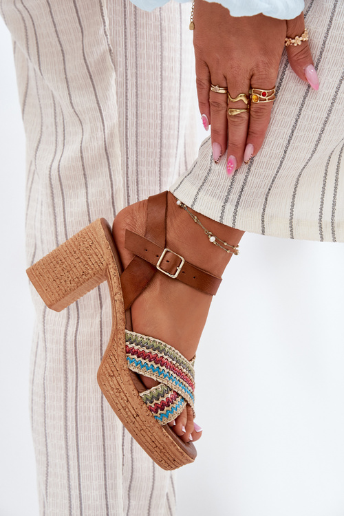 Шкіряні Сандалі На Каблуку З Плетінням На Ремінцях Коричневі Зазу 40460