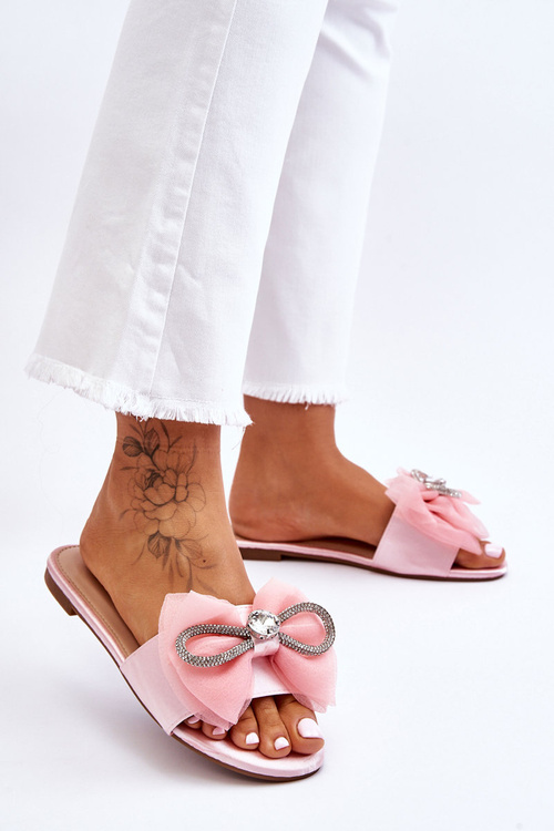 Жіночі тапочки з бантом і стразами Рожеві Jolene