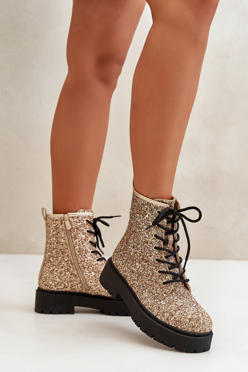 Утеплені жіночі робочі черевики, прикрашені блискітками золотого ліатеїну