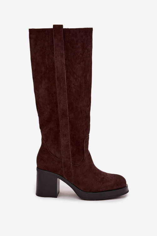 Жіночі утеплені чоботи на масивному каблуці шоколадні Sanelle