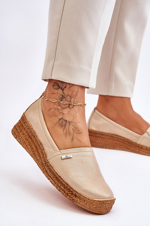 Жіночі шкіряні еспадрільї на танкетці бежево-золотого кольору Hadlee