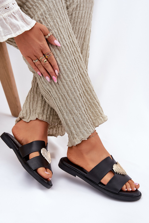 Жіночі Плоскі Сандалі З Золотою Декорацією Чорні Karinma