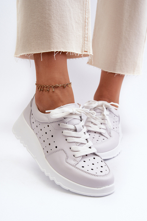 Жіночі ажурні кросівки на танкетці з натуральної шкіри світло-сірі S.Barski LR482