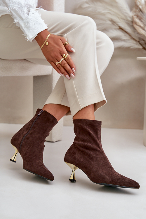 Жіночі черевики на шпильці Еко замшеві з гострими носками Коричневі Irithare