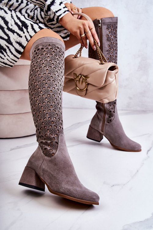 Ажурні замшеві високі чоботи сірі Hekilea