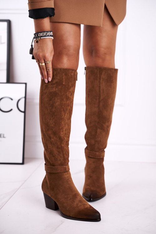 Жіночі високі чоботи на підборах коричневого кольору