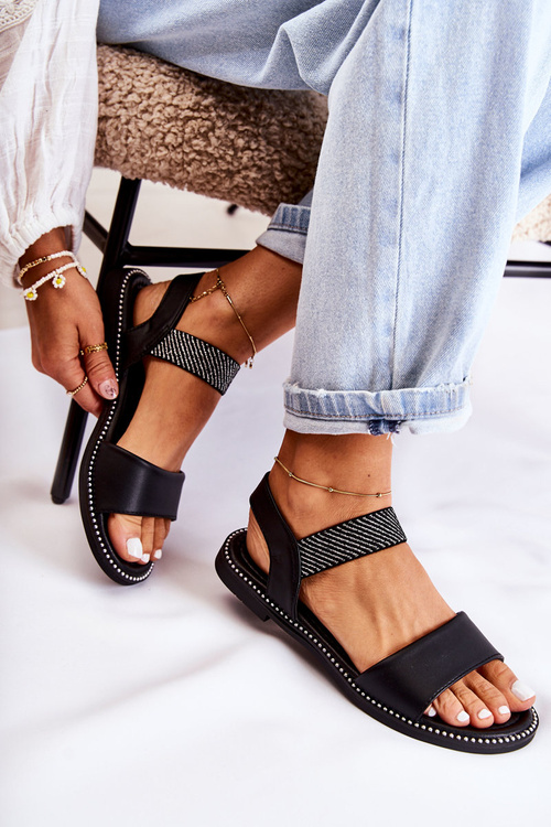 Жіночі класичні босоніжки на плоскій каблуці Чорні Catis