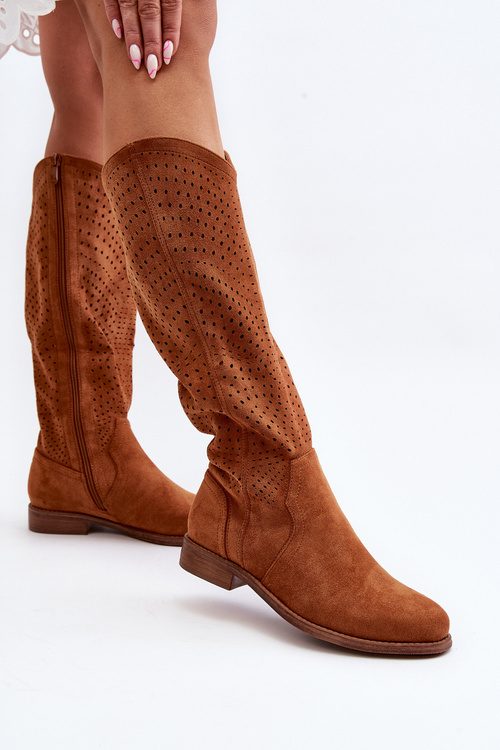 S.Barski HY66-150 Ажурні чоботи на плоскій каблуці Camel