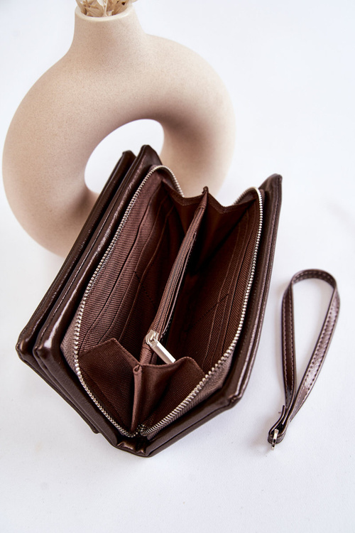 Жіночий великий шкіряний гаманець на блискавці Темно-коричневий блиск