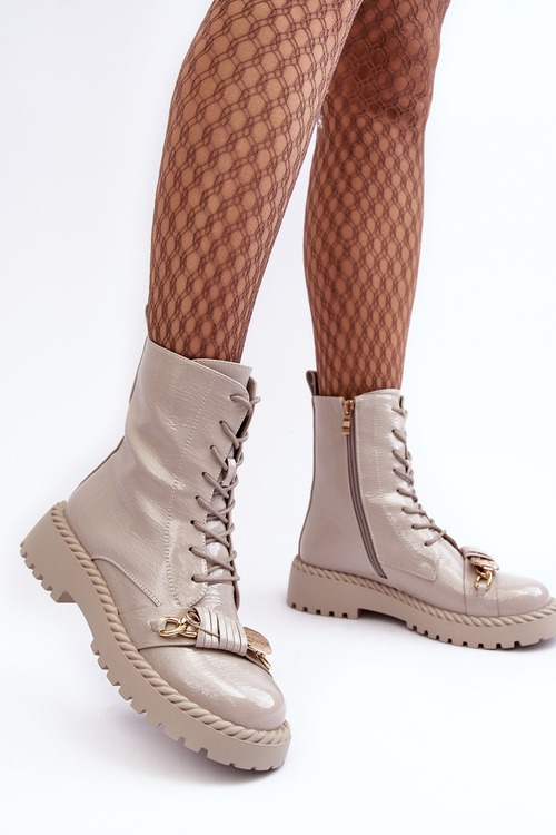 Жіночі глянцеві чоботи робочі з орнаментом D&A MR870-67 світло-сірі